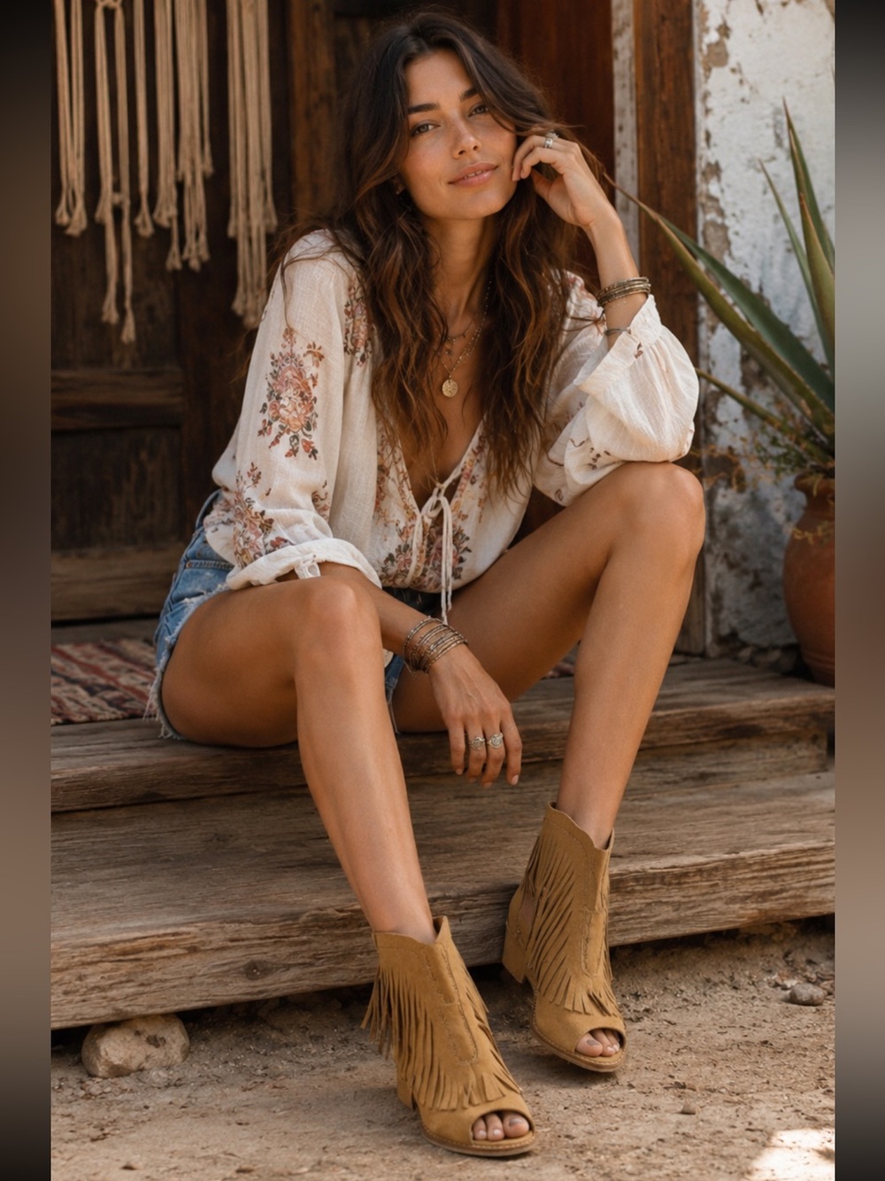 Musse & Cloud Galia Camel Suede Fringe Peep-Toe Booties